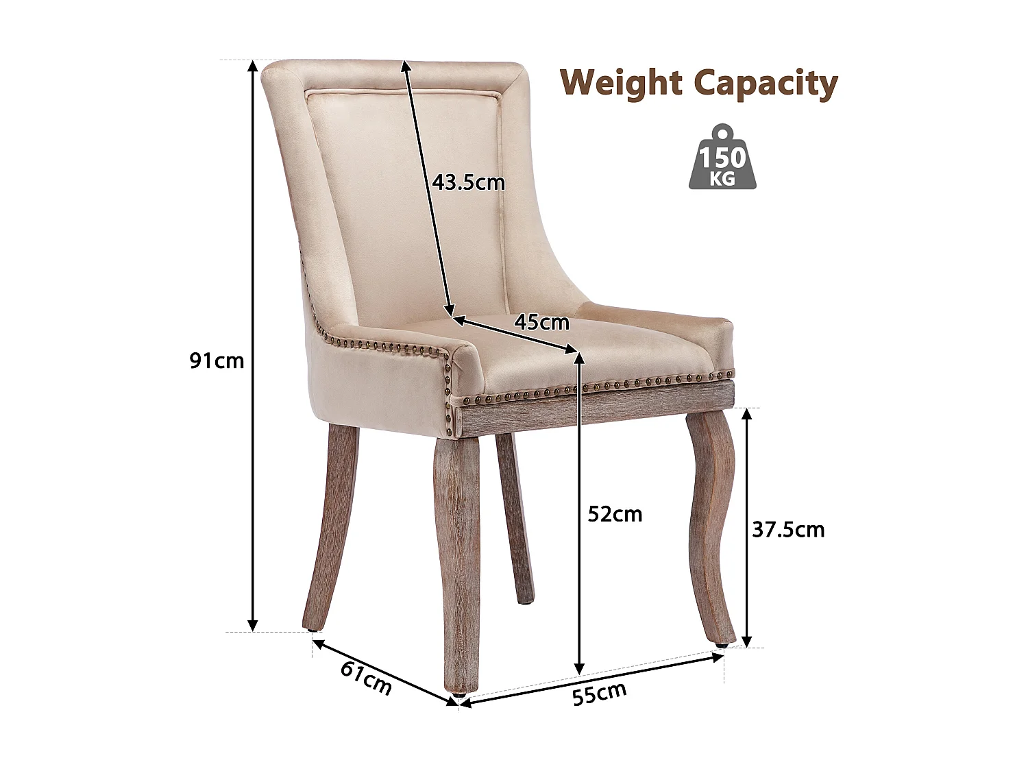 Lot de 2 chaises en velours beige avec pieds en bois courbés, rivets dorés