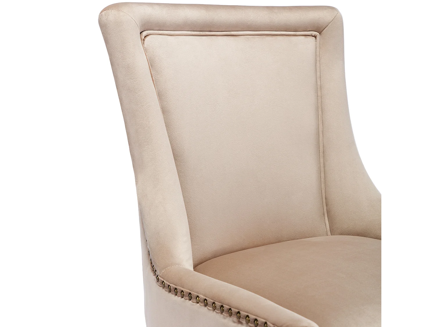 Lot de 2 chaises en velours beige avec pieds en bois courbés, rivets dorés