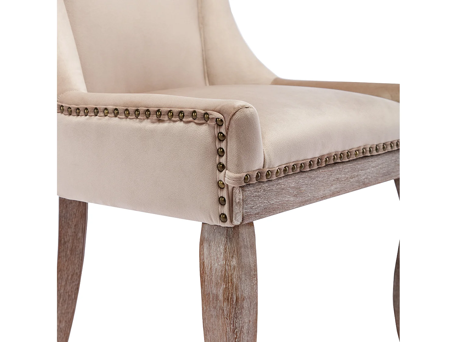 Lot de 2 chaises en velours beige avec pieds en bois courbés, rivets dorés