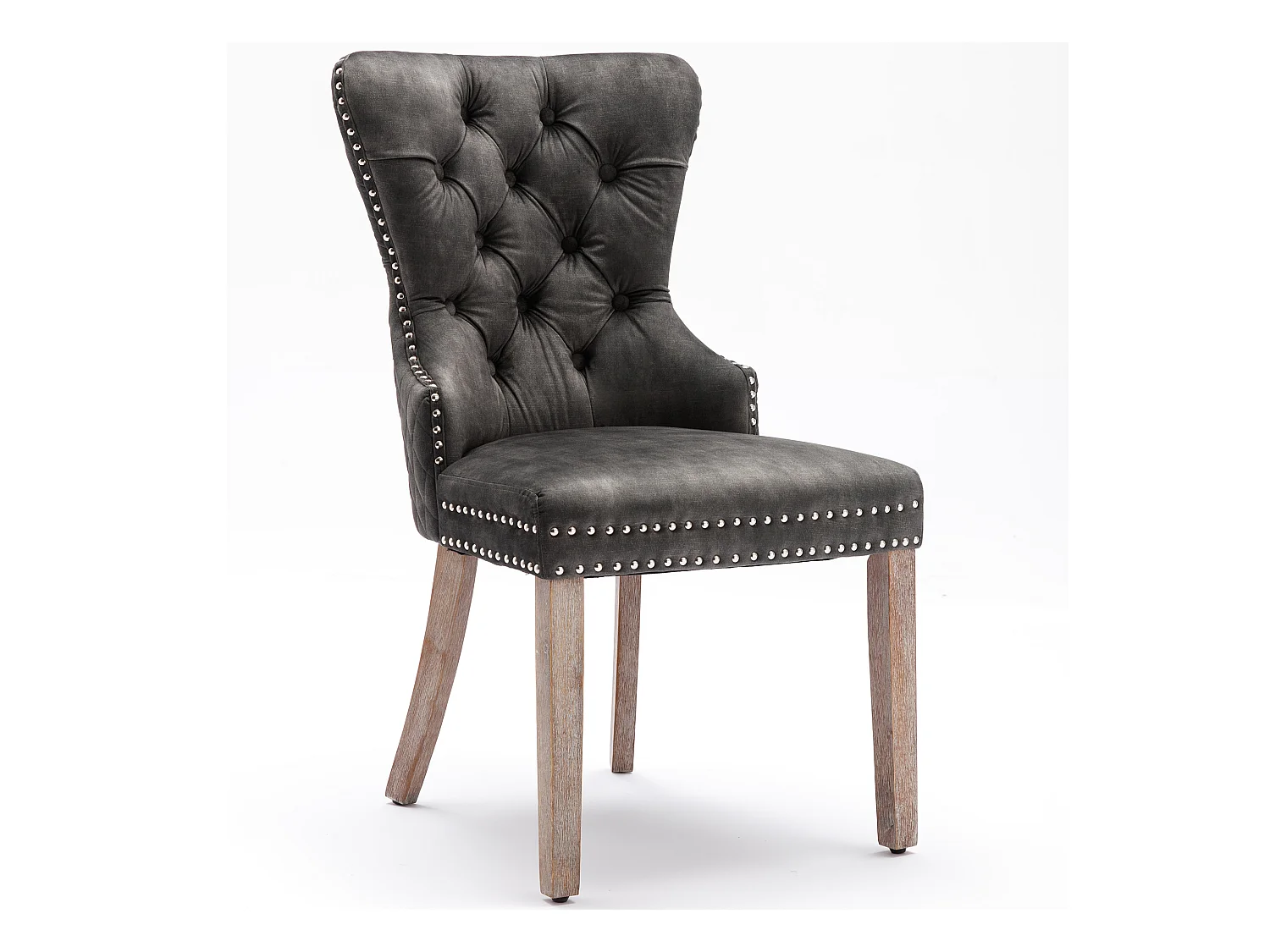 Set van 2 grijze fluwelen keukenstoelen met zilveren studs en bruine houten poten