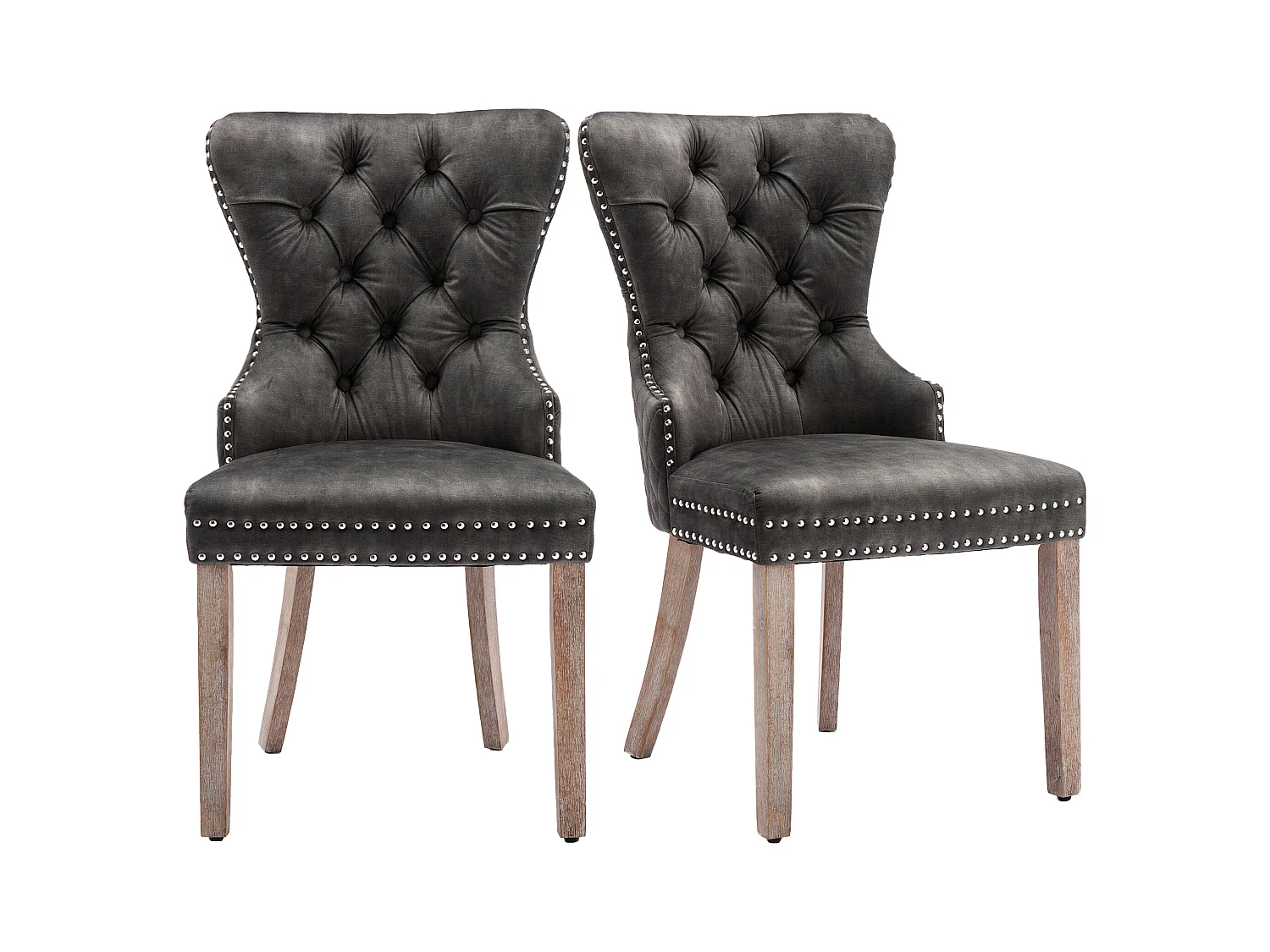 Lot de 2 Chaises de cuisine en velours Gris avec détails cloutés argentés, pieds en bois marron