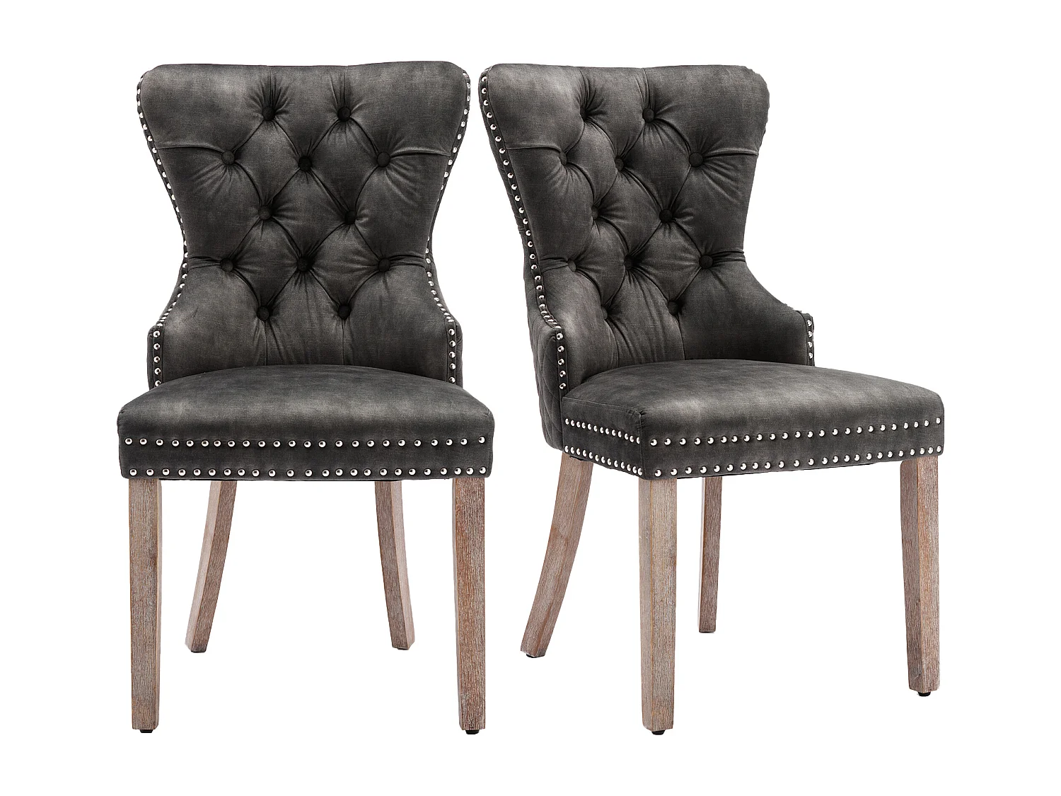 Lot de 2 Chaises de cuisine en velours Gris avec détails cloutés argentés, pieds en bois marron