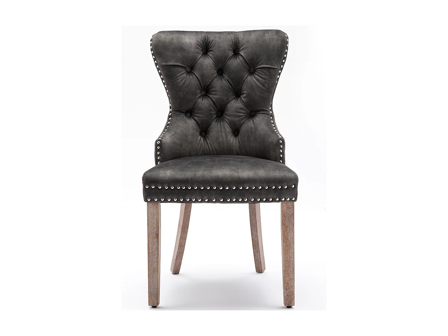 Lot de 2 Chaises de cuisine en velours Gris avec détails cloutés argentés, pieds en bois marron