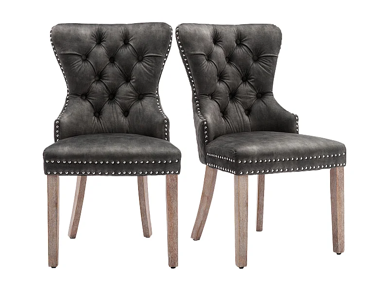 Lot de 2 Chaises de cuisine en velours Gris avec détails cloutés argentés, pieds en bois marron