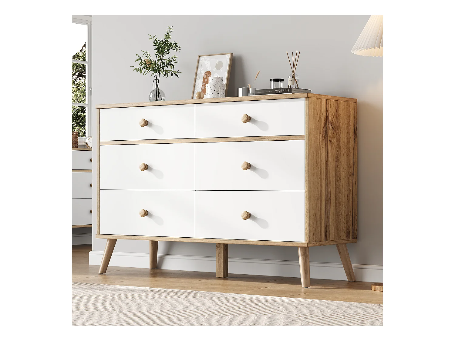 Buffet de cuisine 116x40x80cm avec 6 tiroirs, corps en placage bois naturel et blanc