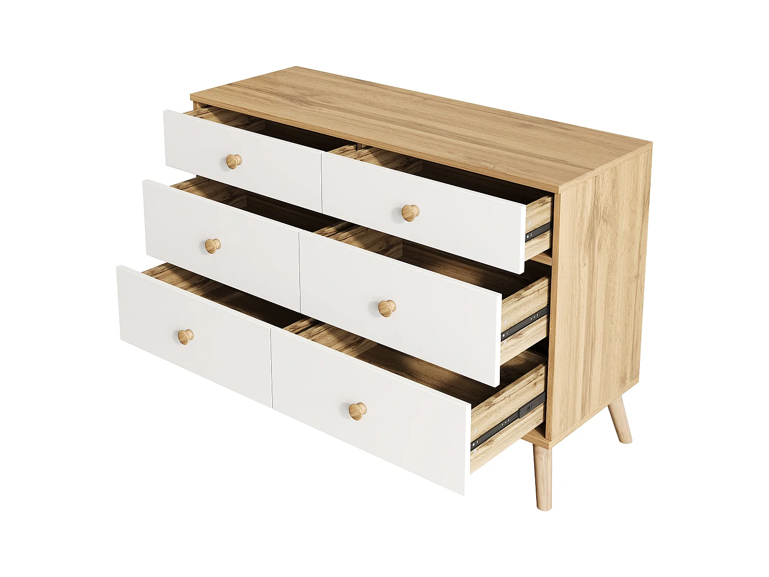 Buffet de cuisine 116x40x80cm avec 6 tiroirs, corps en placage bois naturel et blanc