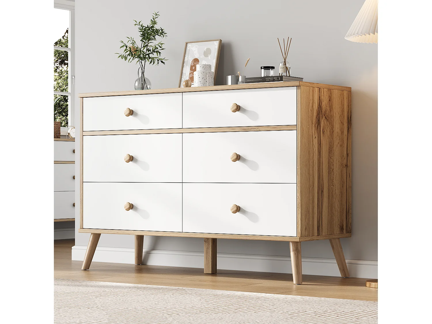 Credenza da cucina 116x40x80cm con 6 cassetti, corpo in legno impiallacciato naturale e bianco