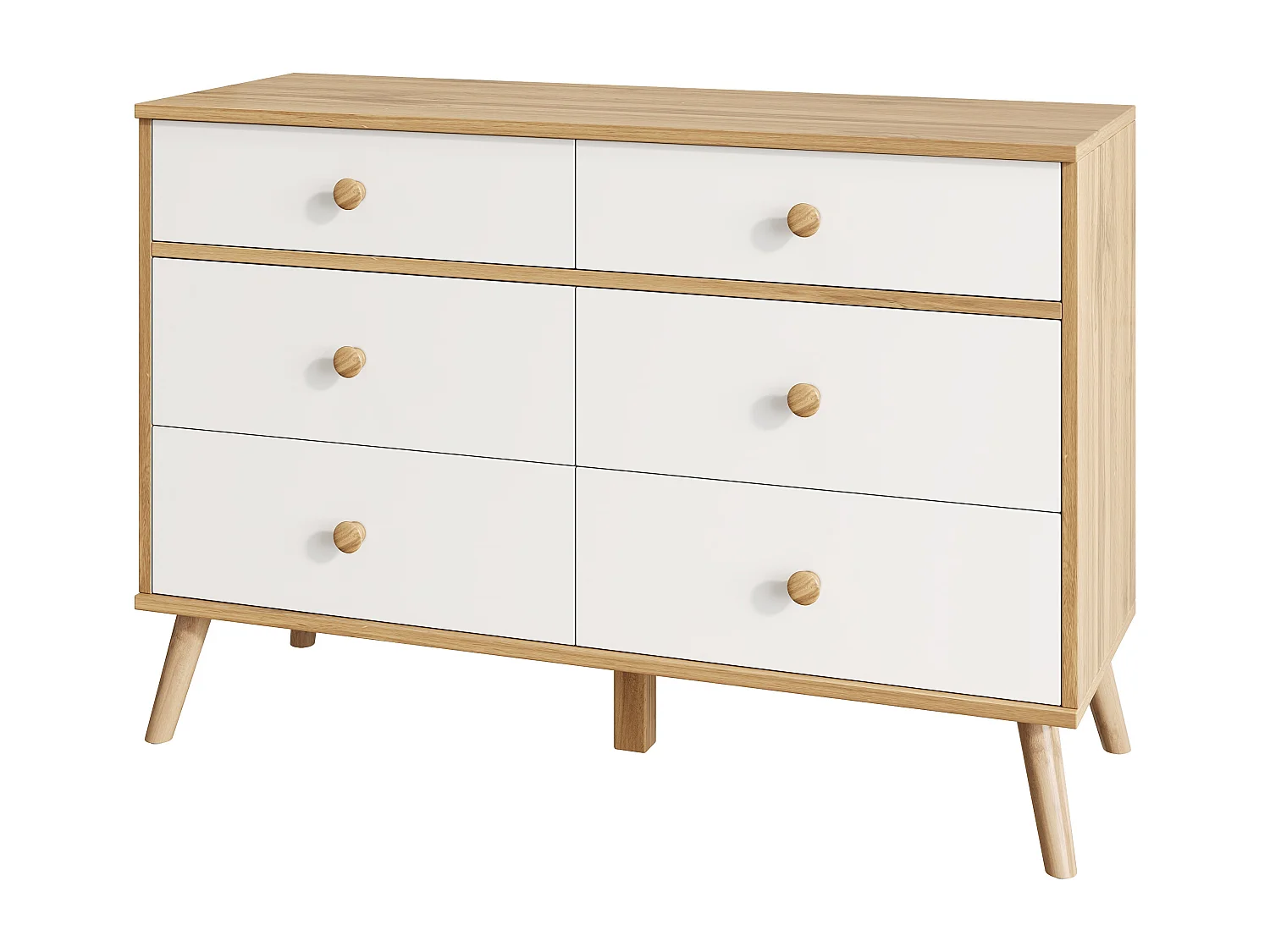 Credenza da cucina 116x40x80cm con 6 cassetti, corpo in legno impiallacciato naturale e bianco