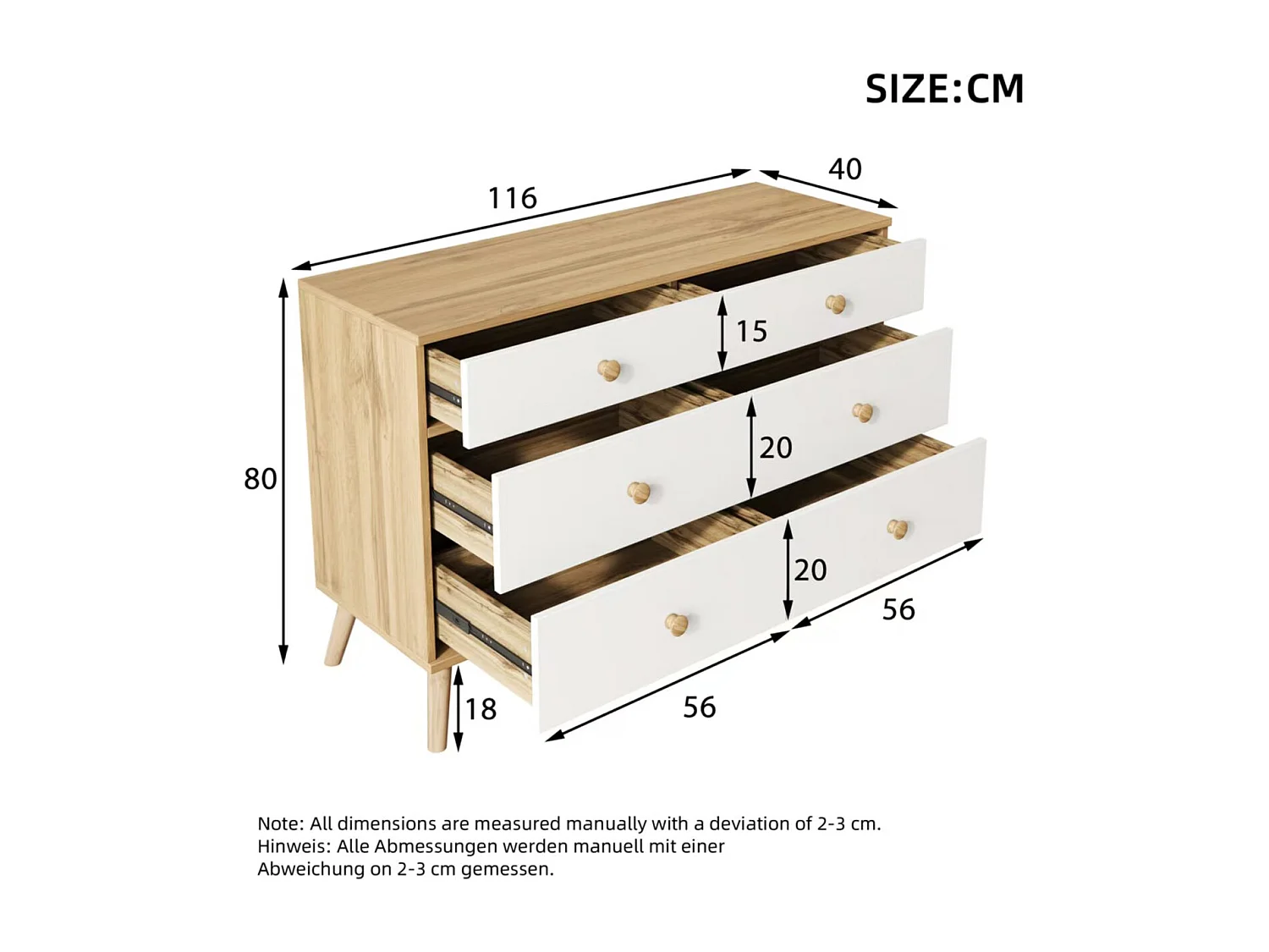 Credenza da cucina 116x40x80cm con 6 cassetti, corpo in legno impiallacciato naturale e bianco