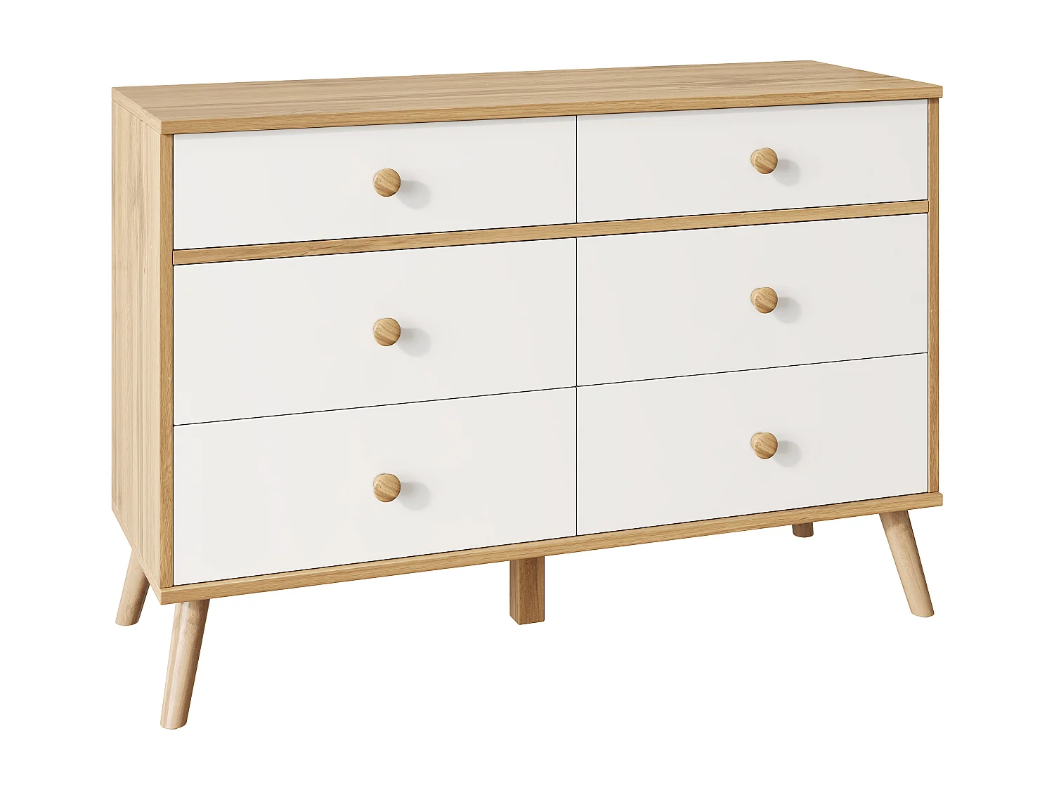 Credenza da cucina 116x40x80cm con 6 cassetti, corpo in legno impiallacciato naturale e bianco