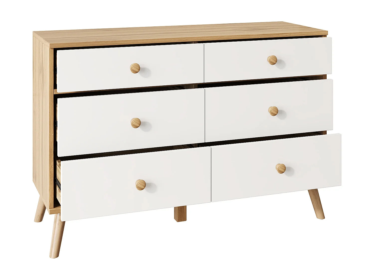 Credenza da cucina 116x40x80cm con 6 cassetti, corpo in legno impiallacciato naturale e bianco