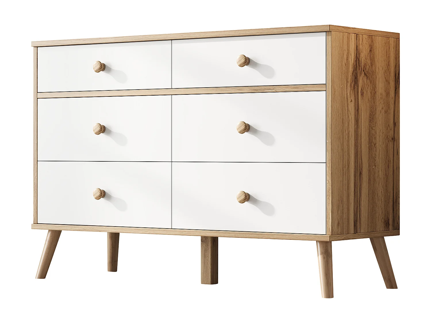 Credenza da cucina 116x40x80cm con 6 cassetti, corpo in legno impiallacciato naturale e bianco