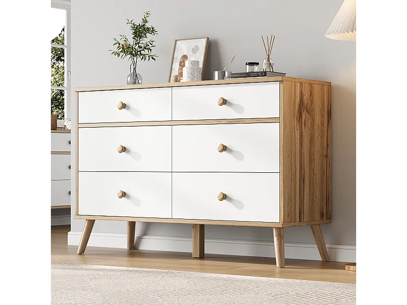 Credenza da cucina 116x40x80cm con 6 cassetti, corpo in legno impiallacciato naturale e bianco