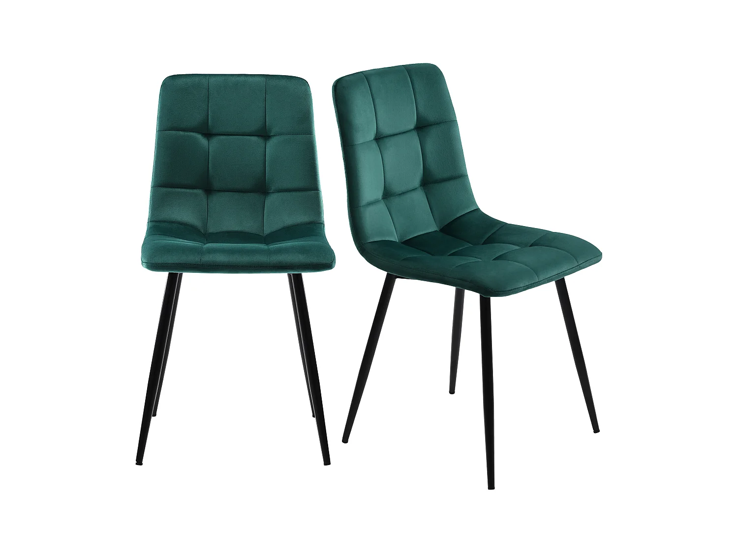 Set van 4 groene fluwelen stoelen met zwarte metalen poten