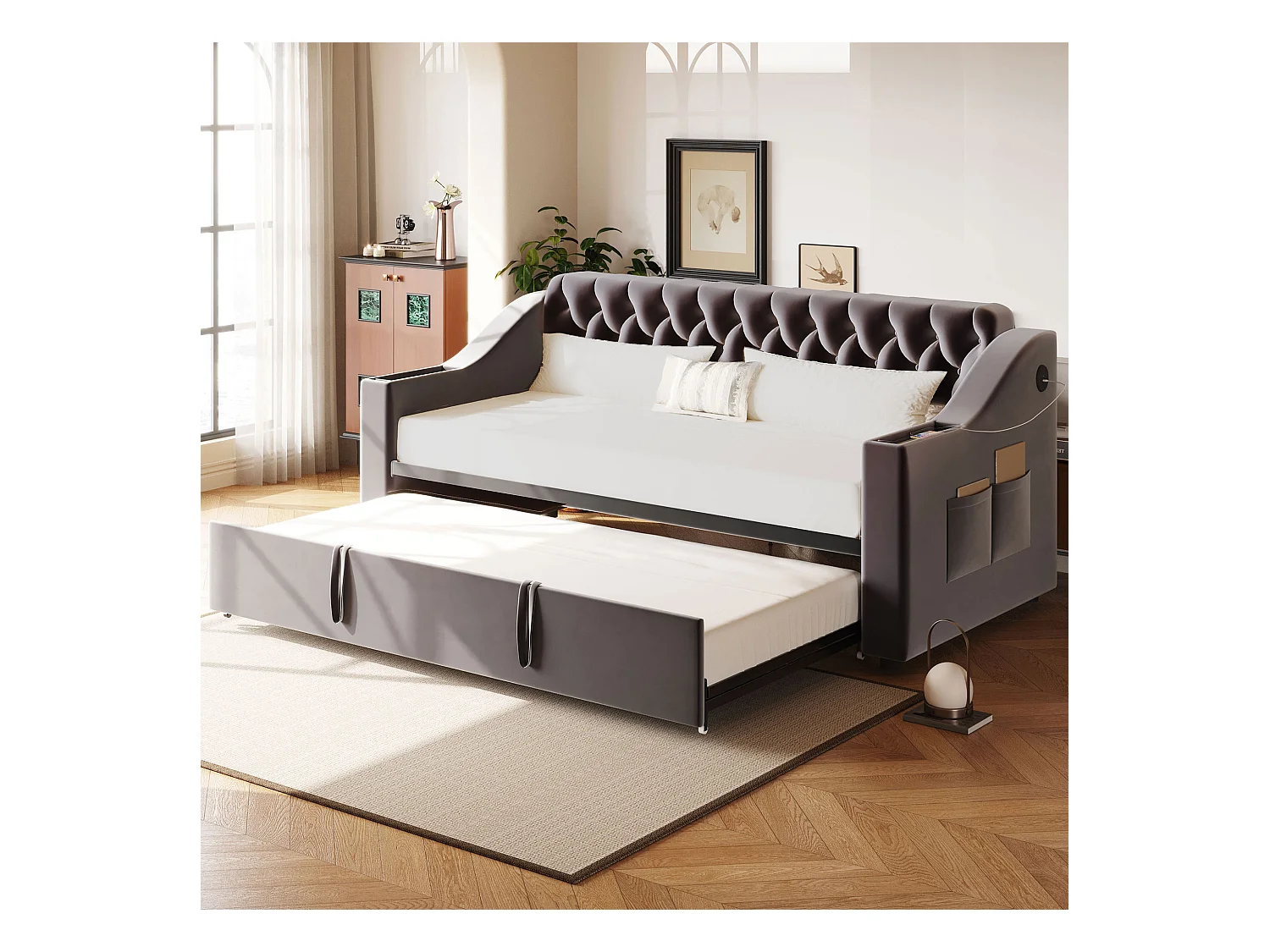 Lit enfant banquette 90/180x190cm gris en velours convertible, avec ports USB et prise secteur, sans matelas