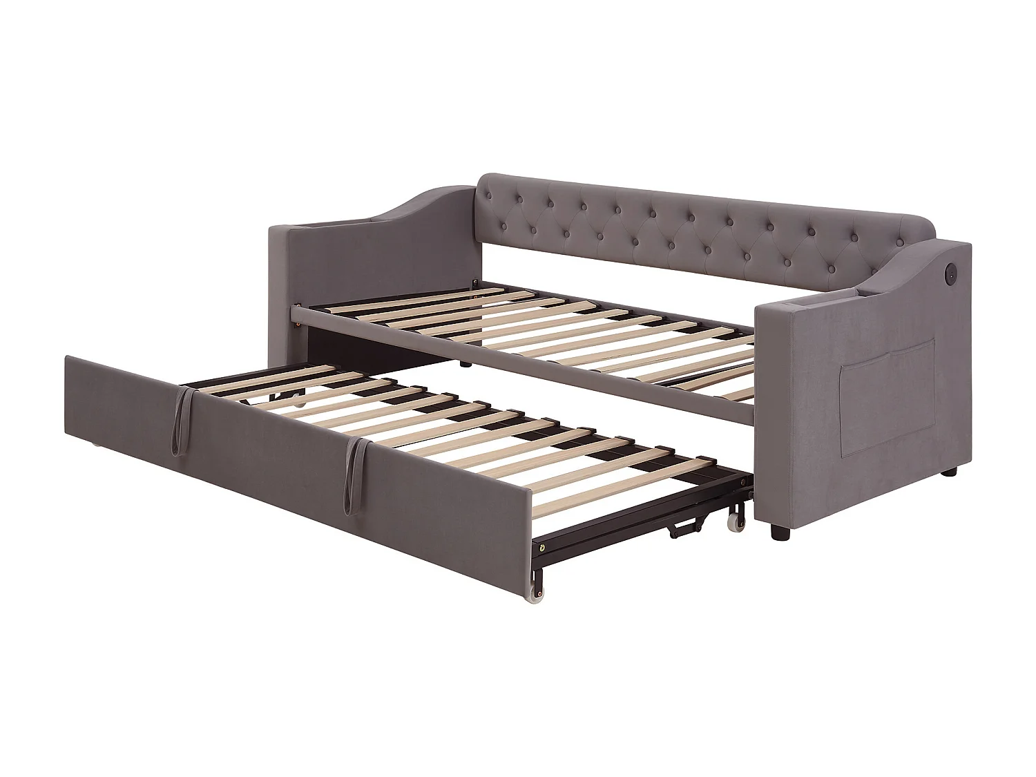 Lit enfant banquette 90/180x190cm gris en velours convertible, avec ports USB et prise secteur, sans matelas