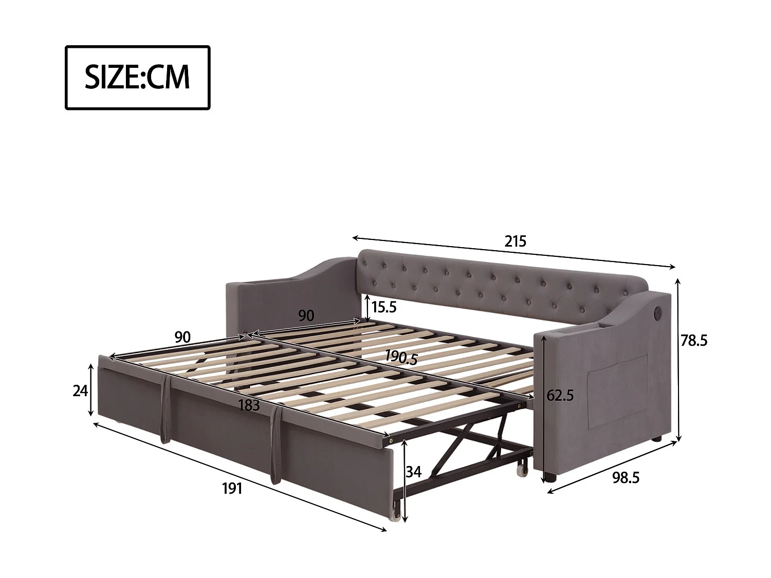 Lit enfant banquette 90/180x190cm gris en velours convertible, avec ports USB et prise secteur, sans matelas