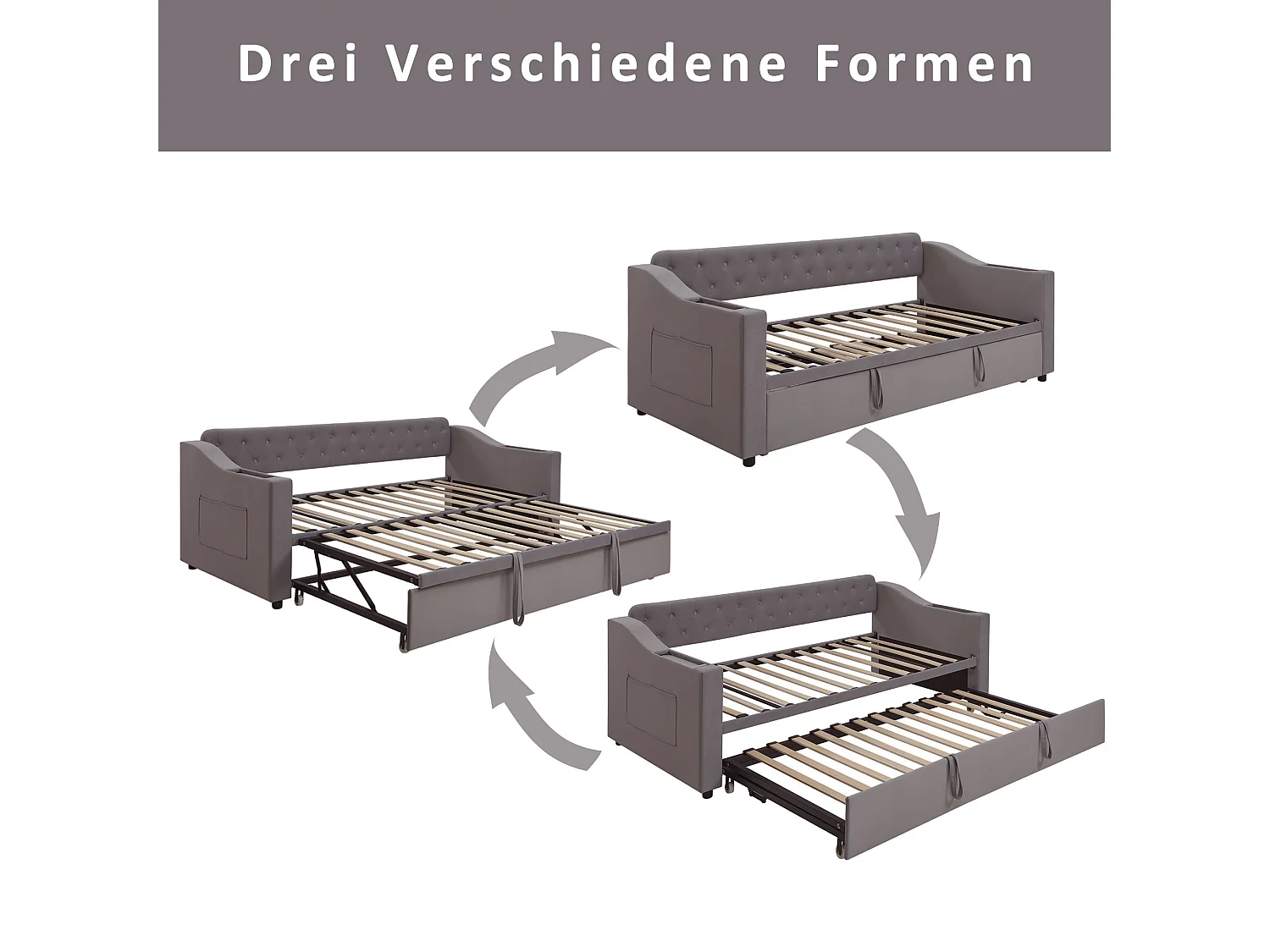 Lit enfant banquette 90/180x190cm gris en velours convertible, avec ports USB et prise secteur, sans matelas