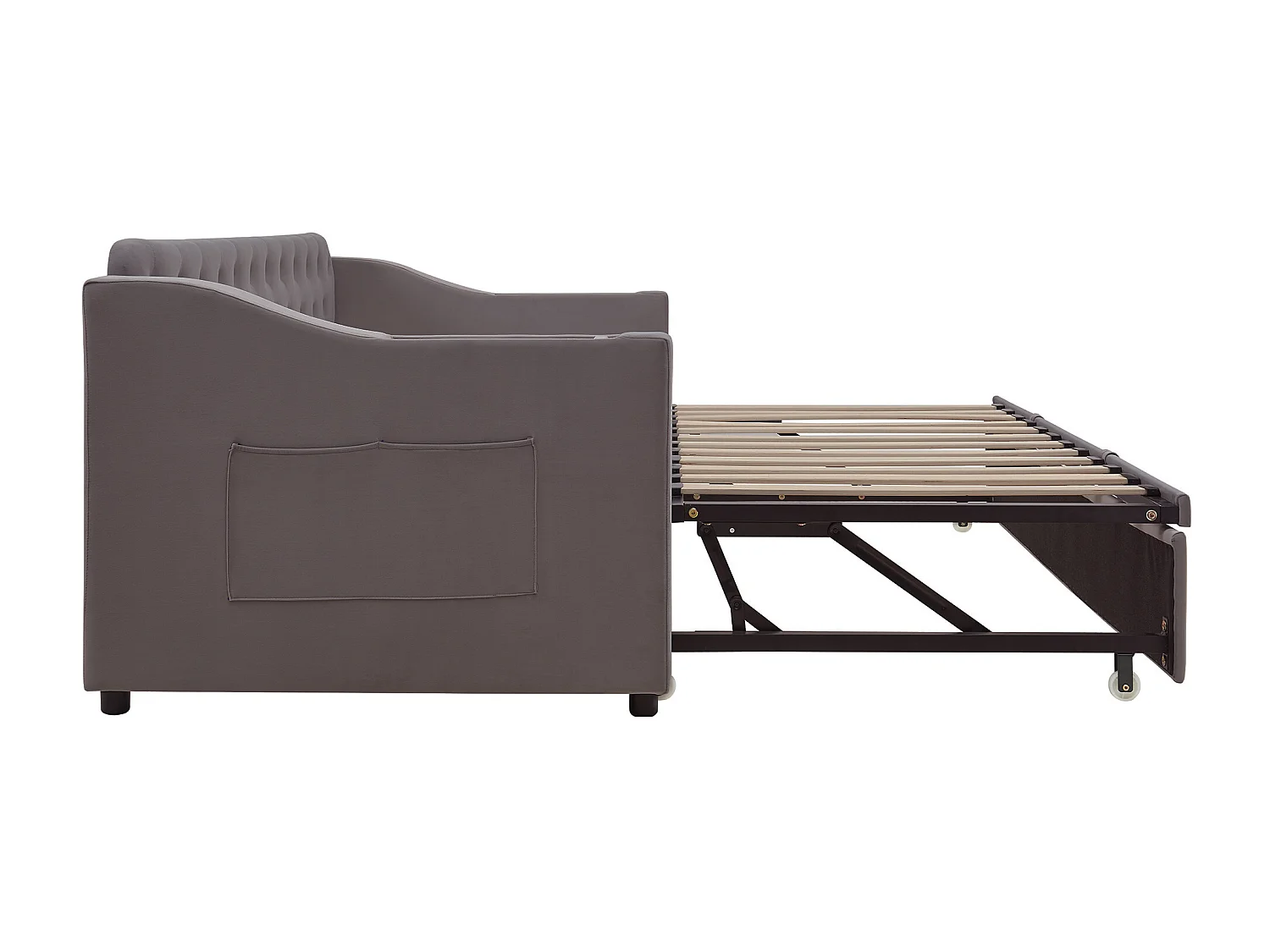 Lit enfant banquette 90/180x190cm gris en velours convertible, avec ports USB et prise secteur, sans matelas