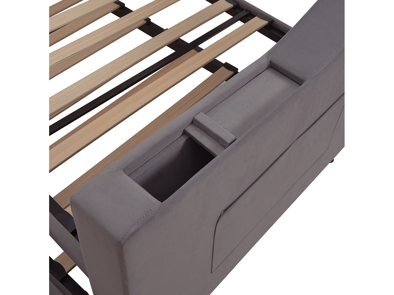 Lit enfant banquette 90/180x190cm gris en velours convertible, avec ports USB et prise secteur, sans matelas