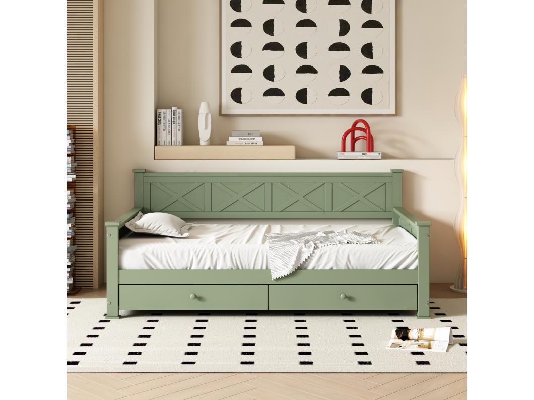 Sofa z łóżkiem drewnianym 90x200cm – z stelażem, 2 szufladami do przechowywania, design minimalistyczny – zielony
