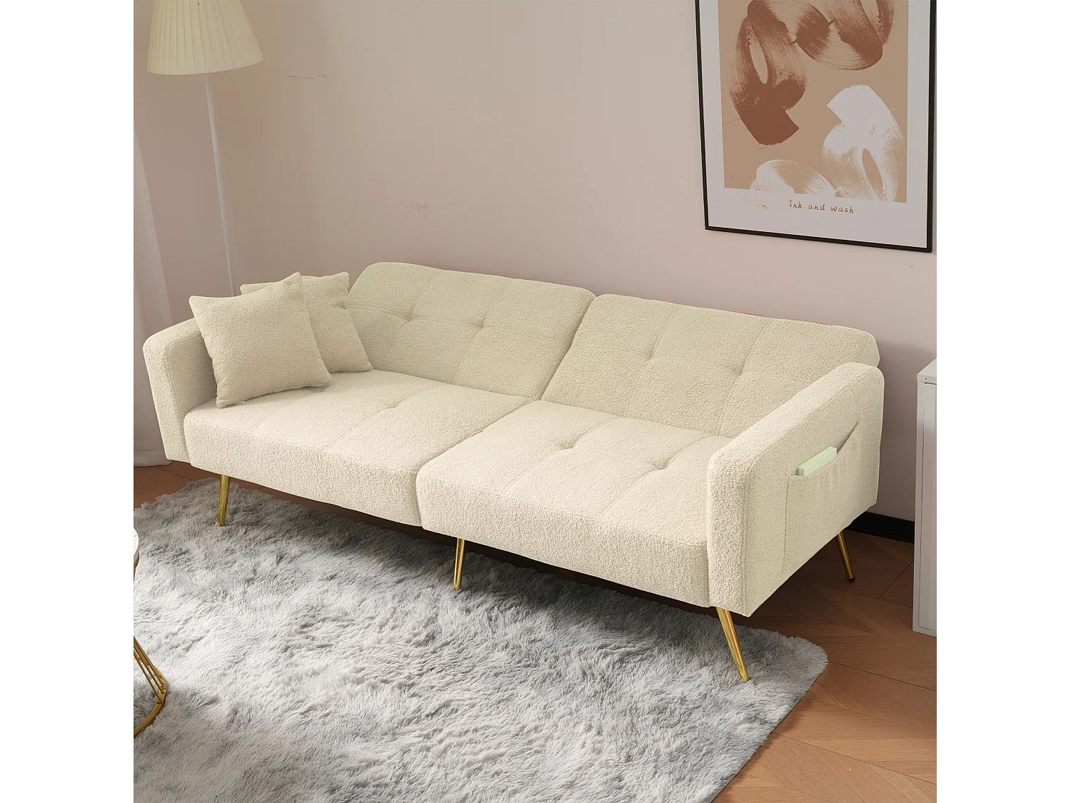 2-zits rechte slaapbank in beige sherpa, 3-positie neerklapbare rugleuning - 175x64x72cm