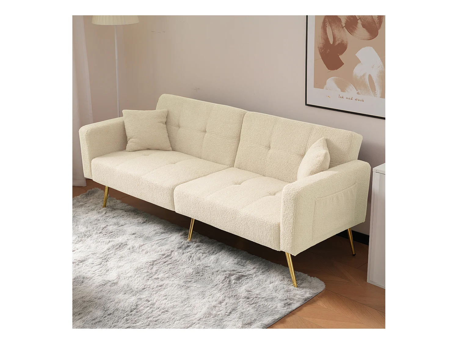 Canapé droit 2 places convertible en sherpa beige, dossier rabattable à 3 positions -175x64x72cm