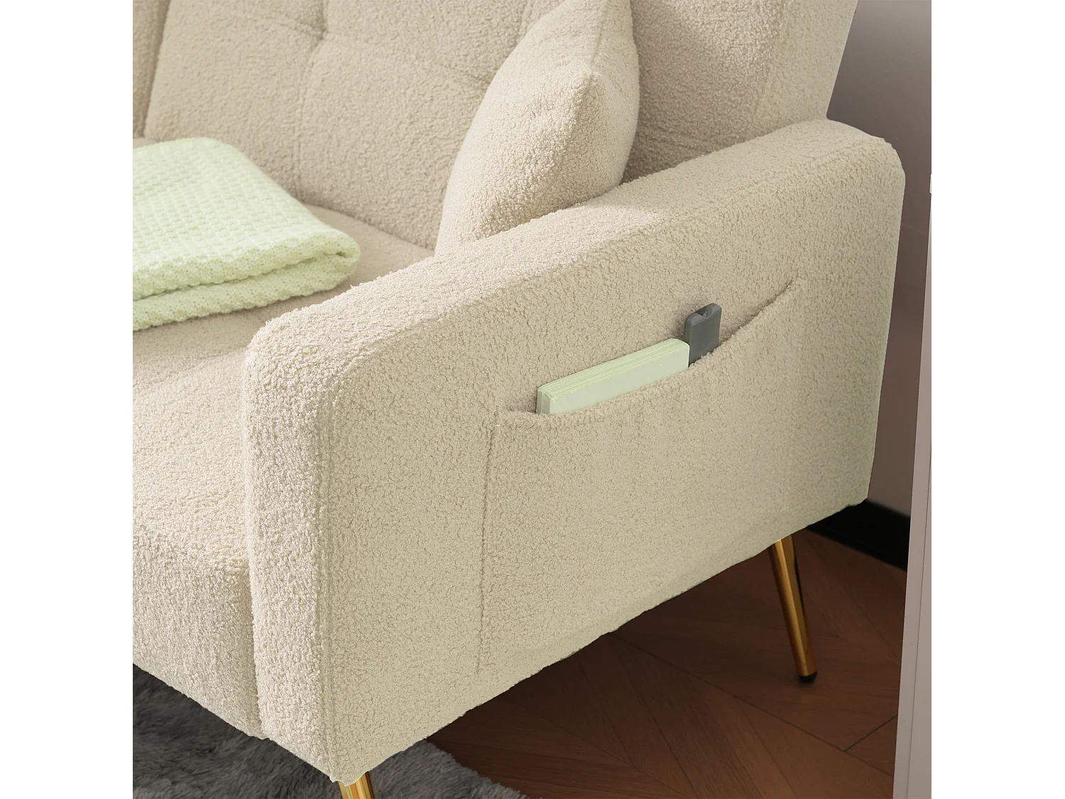 Canapé droit 2 places convertible en sherpa beige, dossier rabattable à 3 positions -175x64x72cm