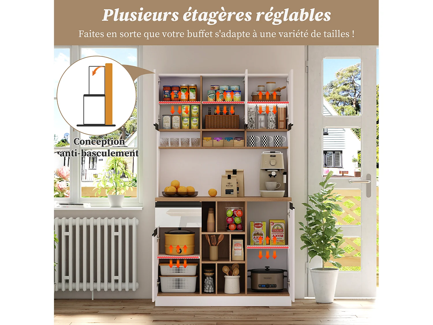 Buffet de cuisine 105x48x185cm avec 5 portes, 1 tiroir et niches, corps en blanc et noir laqué