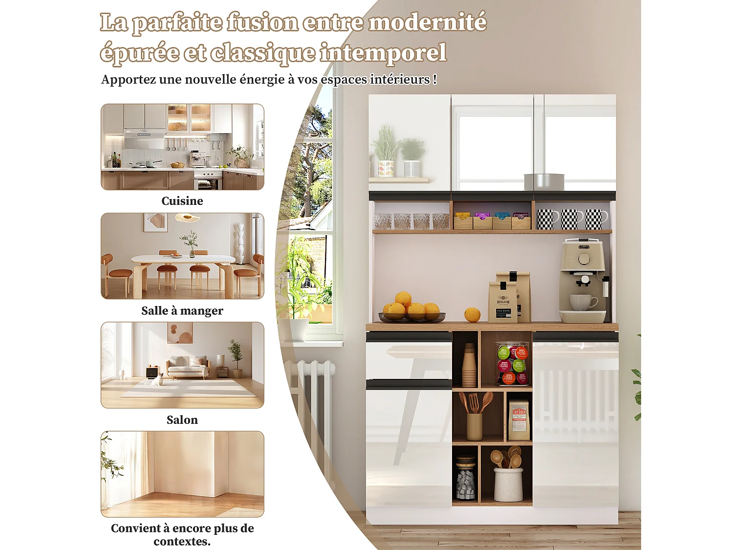 Buffet de cuisine 105x48x185cm avec 5 portes, 1 tiroir et niches, corps en blanc et noir laqué