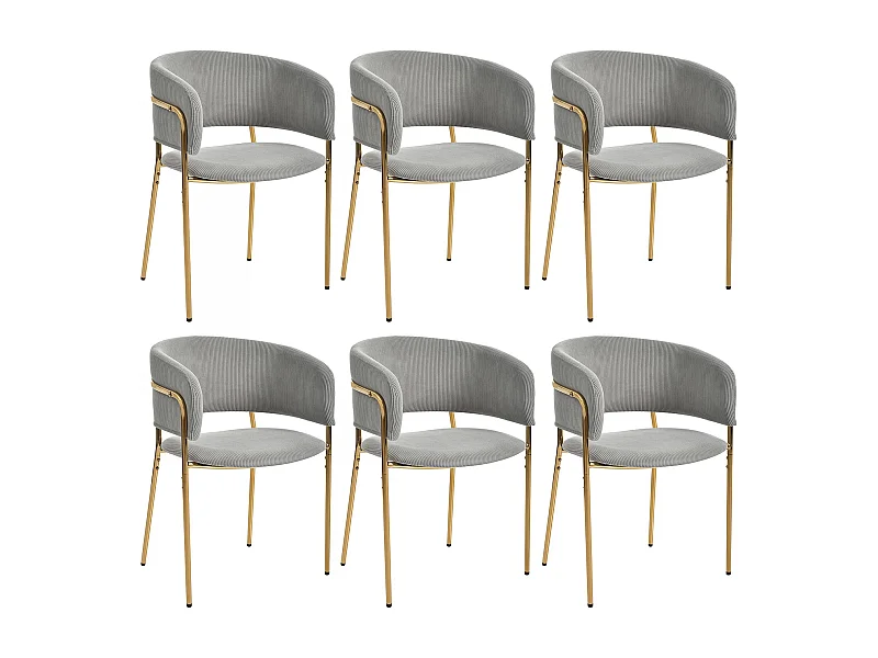 Lot de 6 chaises en velours côtelé gris, cadre en fer doré