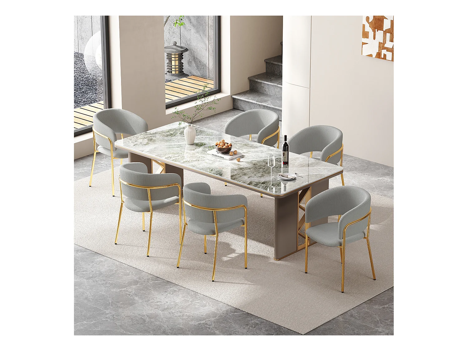 Set van 6 grijze corduroy stoelen, goudkleurig ijzeren frame