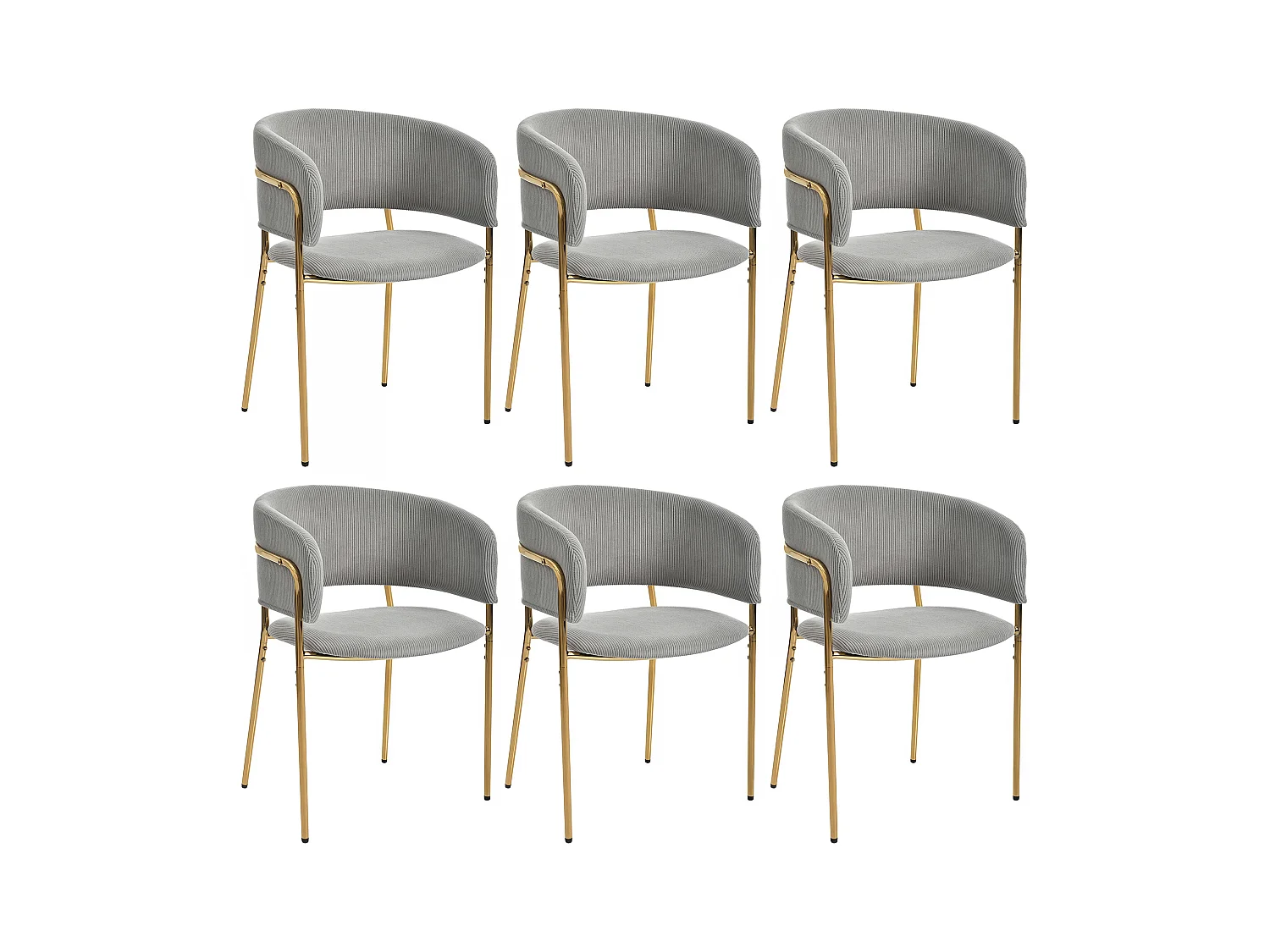 Lot de 6 chaises en velours côtelé gris, cadre en fer doré