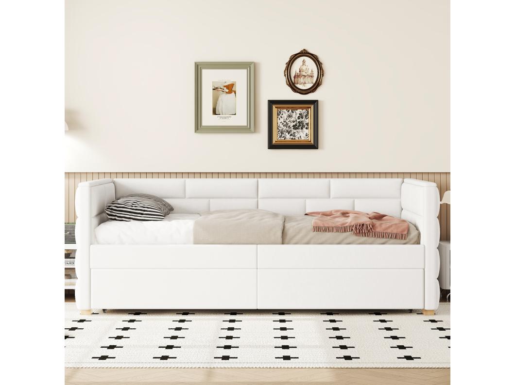 Slaapbank 90x200 cm van linnenstof - met uitschuifbed - beige