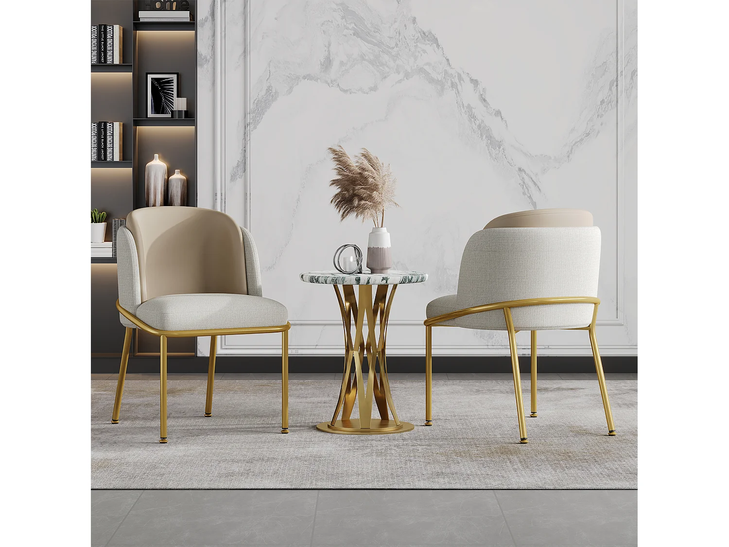 Set di 2 sedie in lino bianco con schienale in similpelle beige, struttura in ferro dorato