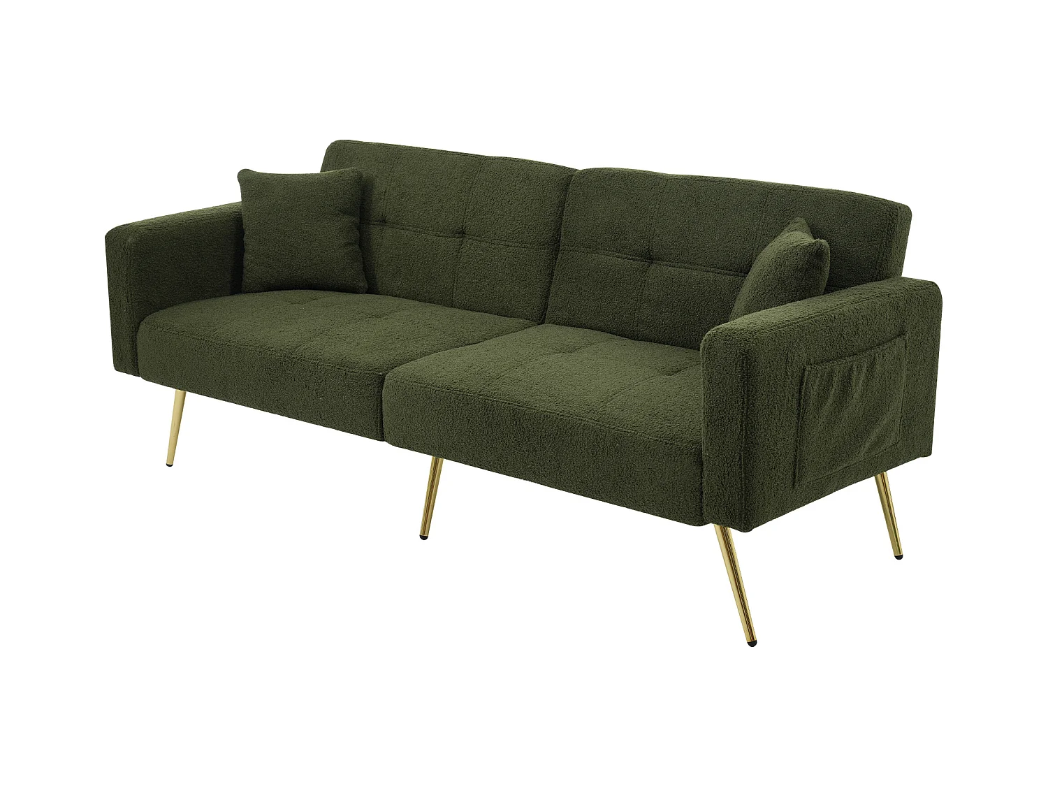 Canapé droit 2 places convertible en sherpa vert, dossier rabattable à 3 positions -175x64x72cm