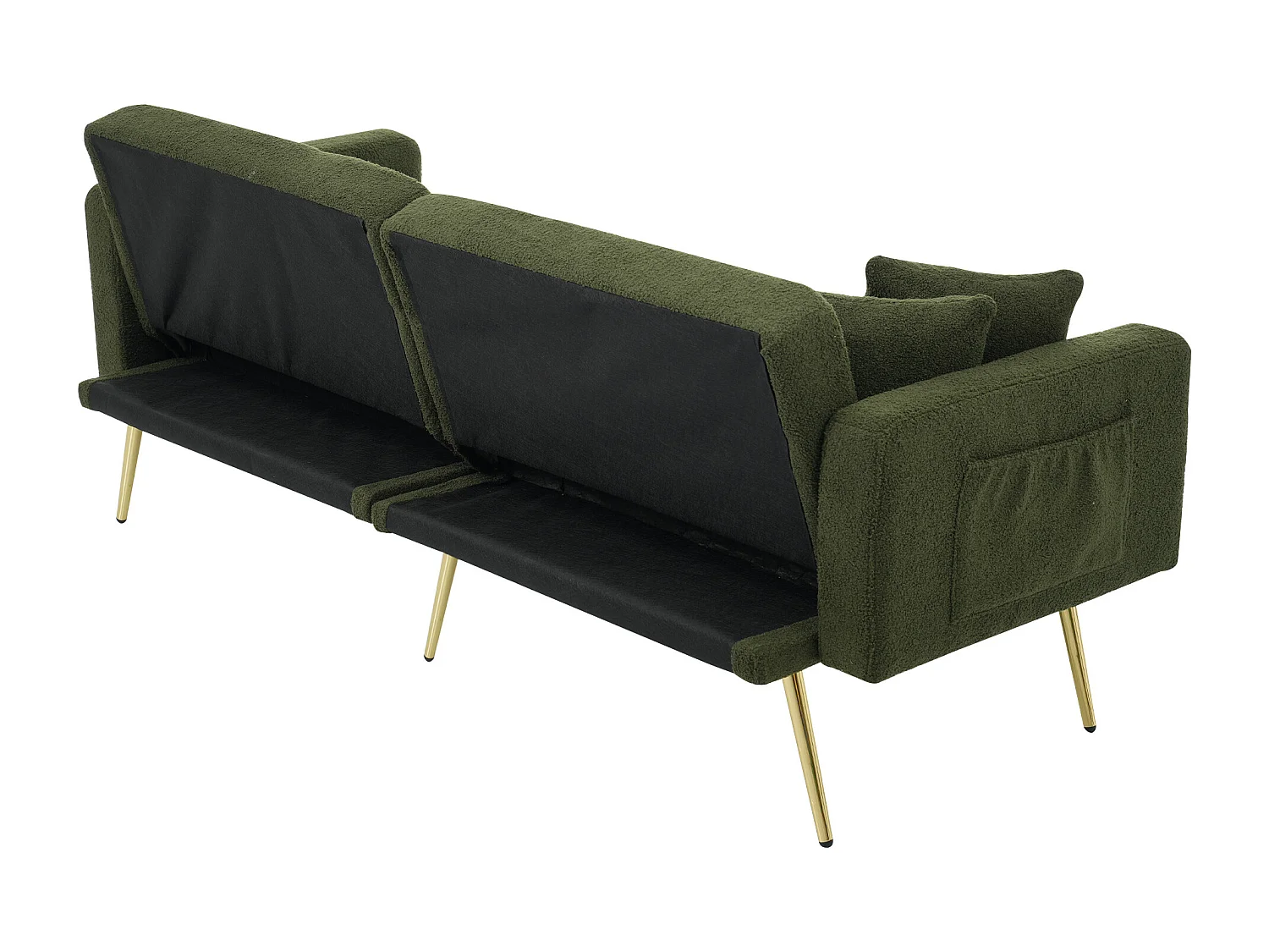Canapé droit 2 places convertible en sherpa vert, dossier rabattable à 3 positions -175x64x72cm