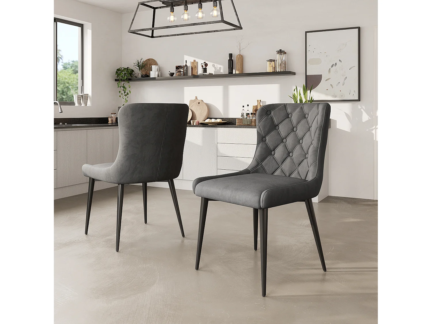 Lot de 2 Chaises de cuisine en velours sergé Gris , pieds en métal noir