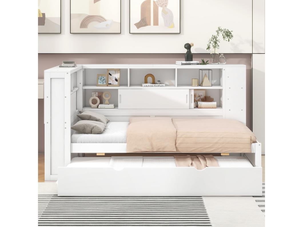 Łóżko wysuwane z litego drewna 90x200cm z portami USB - otoczone okręgiem schowków - biały