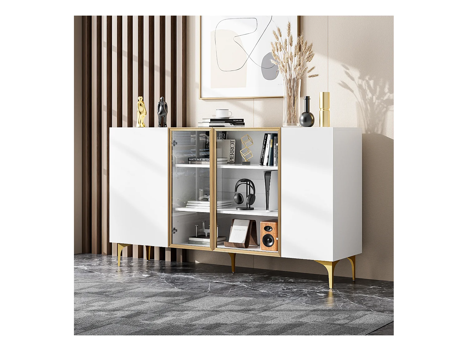 Buffet de cuisine 150x38x85cm avec 4 portes dont 2 portes en verre, corps blanc avec bandes dorés