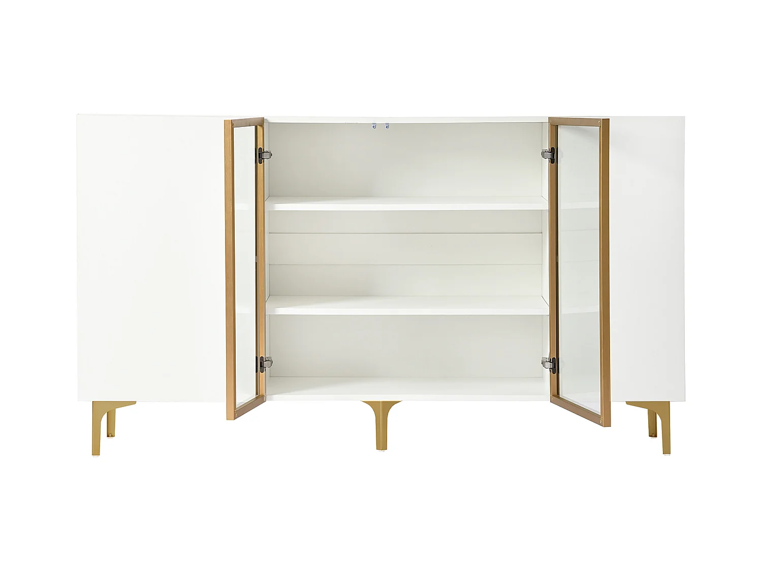 Buffet de cuisine 150x38x85cm avec 4 portes dont 2 portes en verre, corps blanc avec bandes dorés