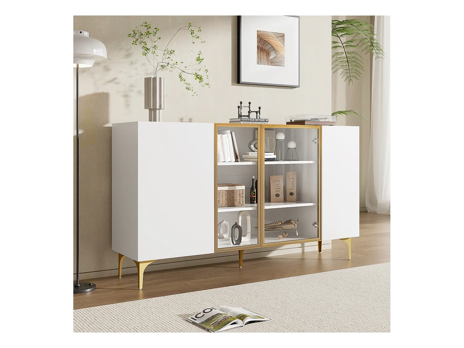 Buffet de cuisine 150x38x85cm avec 4 portes dont 2 portes en verre, corps blanc avec bandes dorés