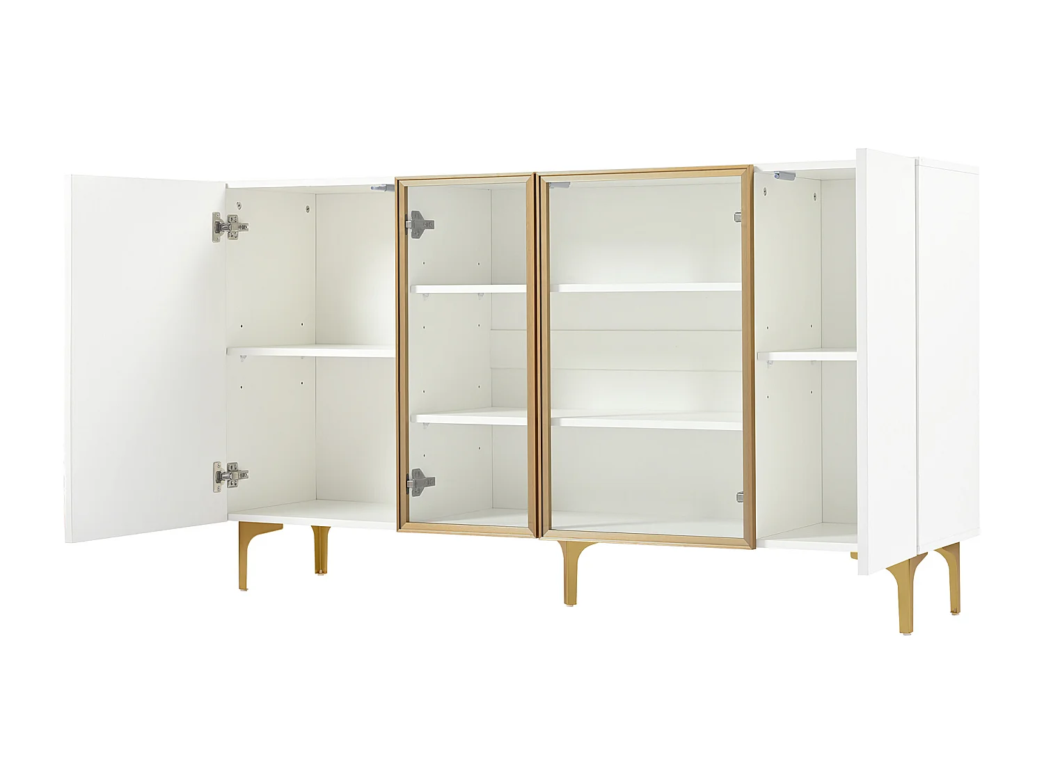 Aparador de cozinha 150x38x85cm com 4 portas sendo 2 de vidro, corpo branco com faixas douradas