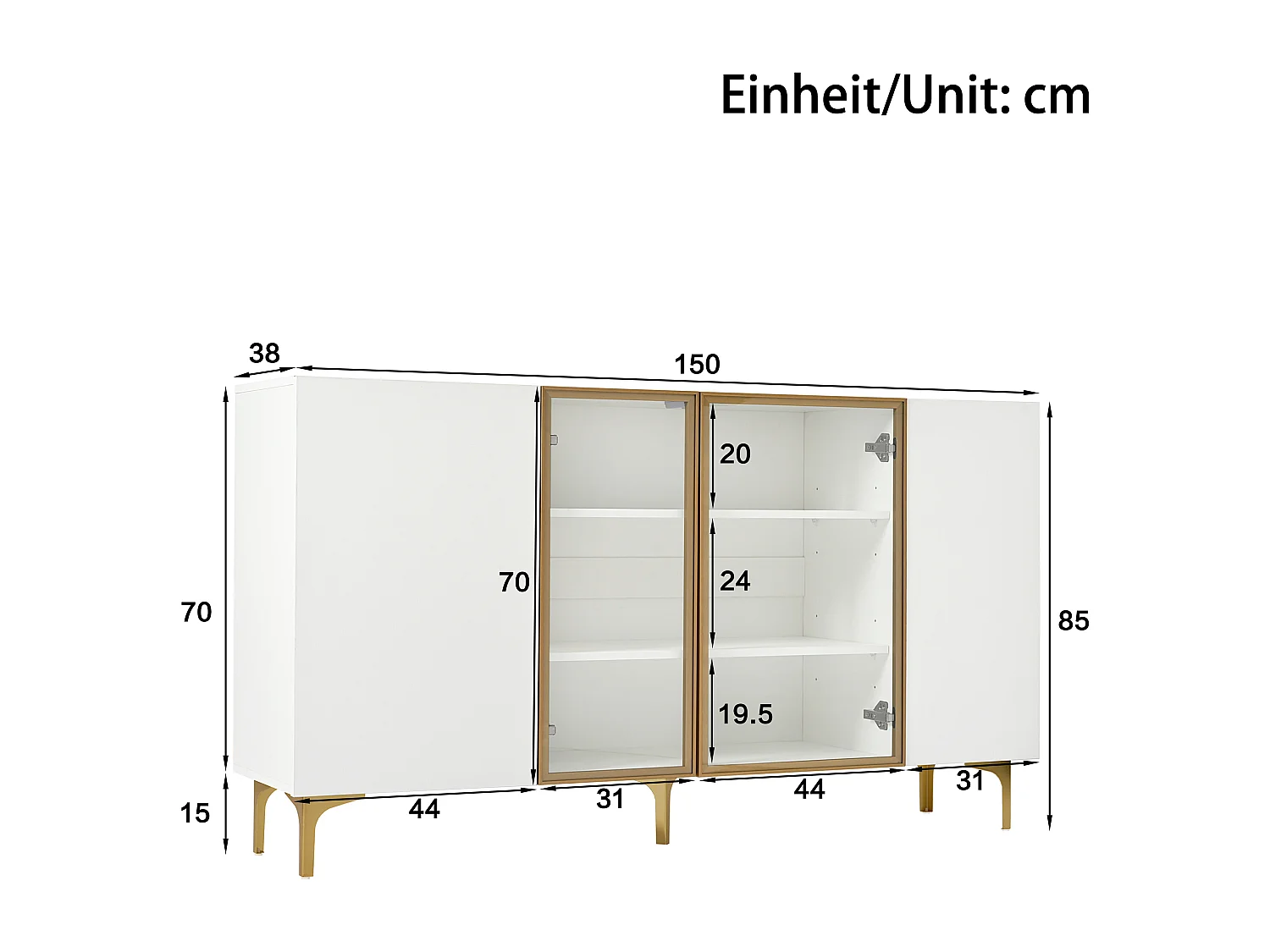 Aparador de cozinha 150x38x85cm com 4 portas sendo 2 de vidro, corpo branco com faixas douradas