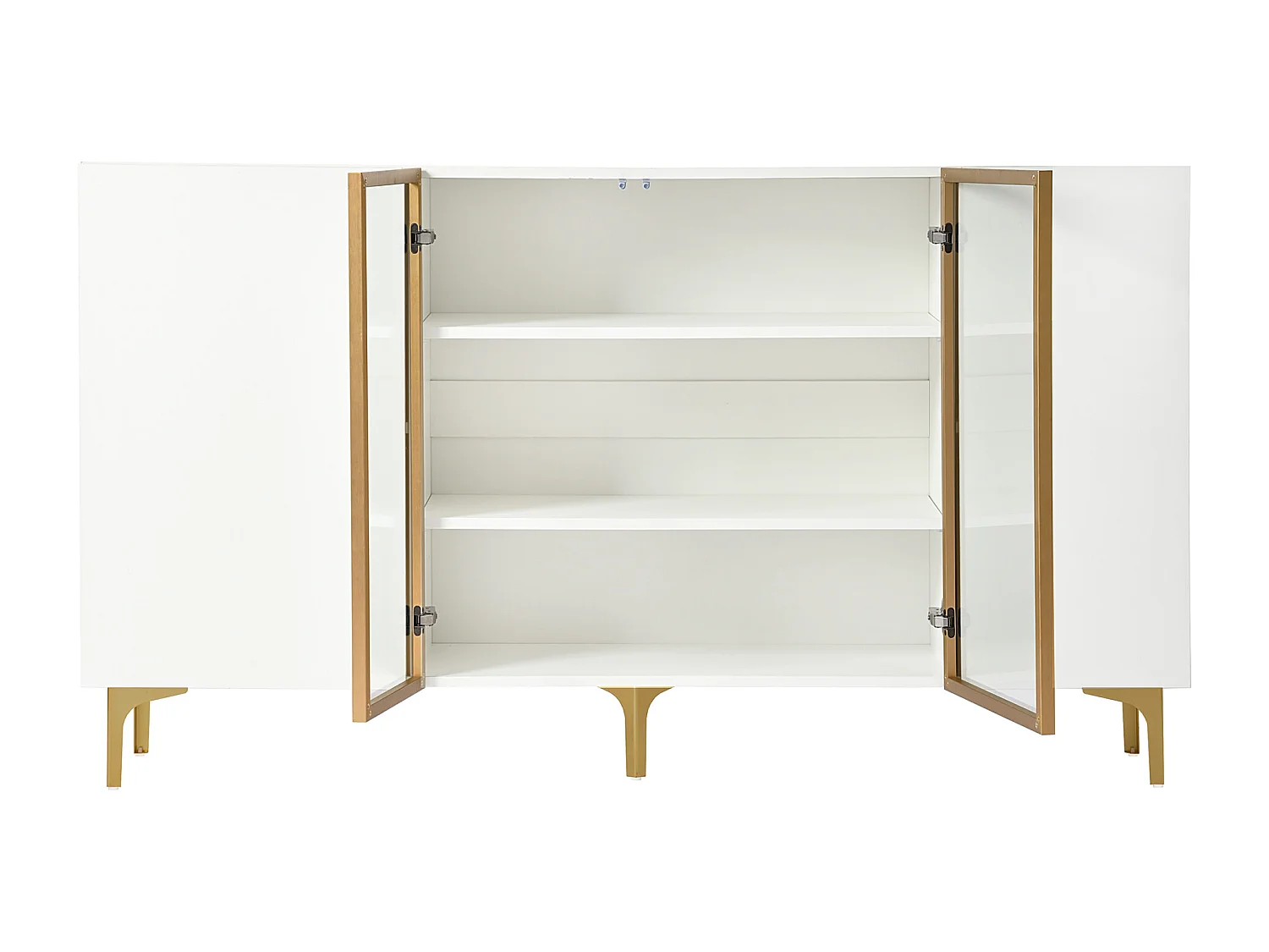 Aparador de cozinha 150x38x85cm com 4 portas sendo 2 de vidro, corpo branco com faixas douradas