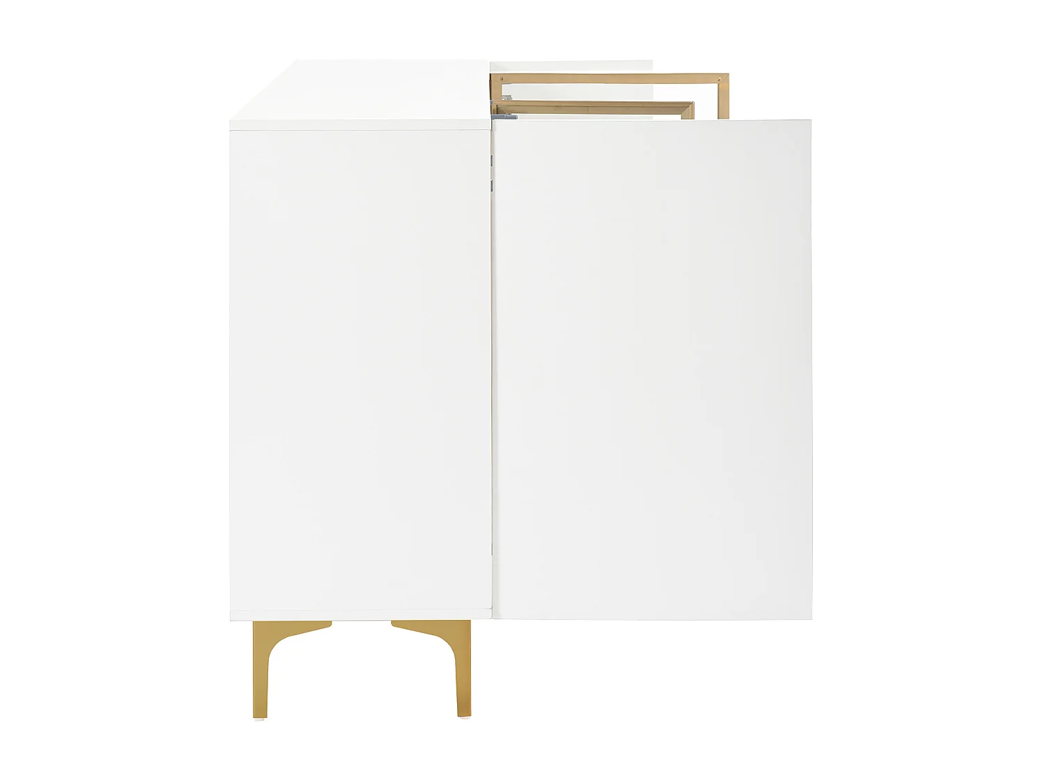 Aparador de cozinha 150x38x85cm com 4 portas sendo 2 de vidro, corpo branco com faixas douradas