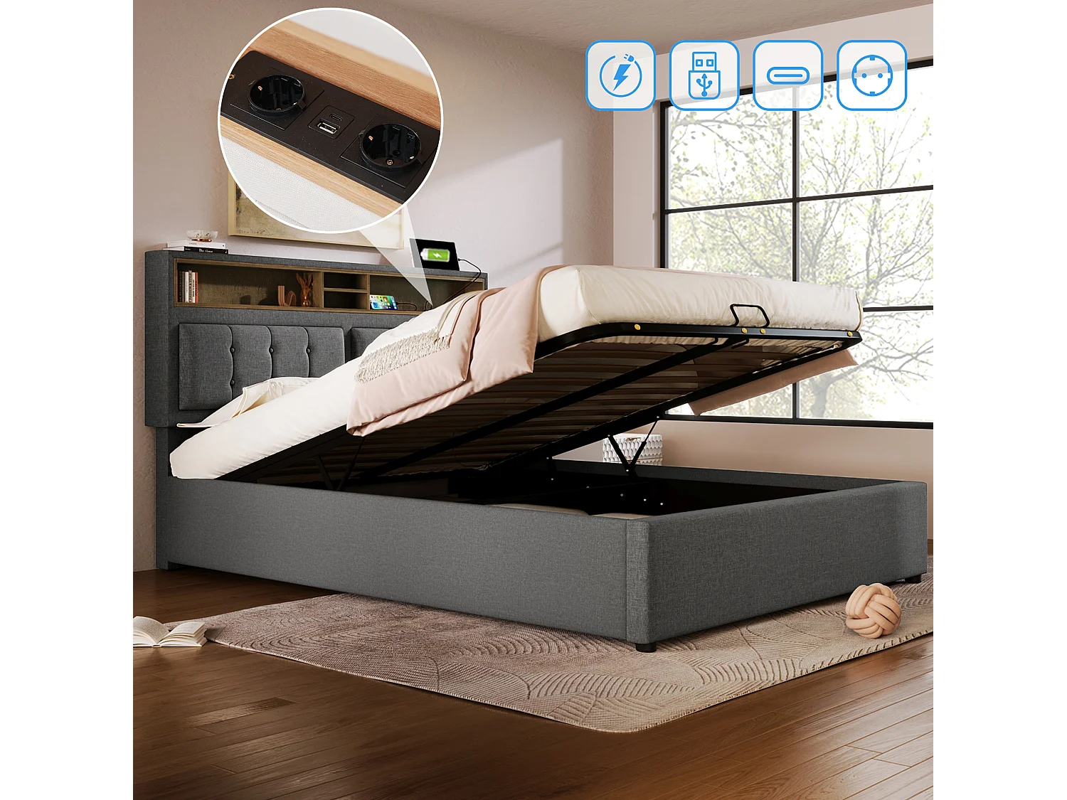 Lit coffre adulte 160x200cm avec USB,Type-C et 2 prises, tissu en lin gris, tête de lit réglable, avec matelas