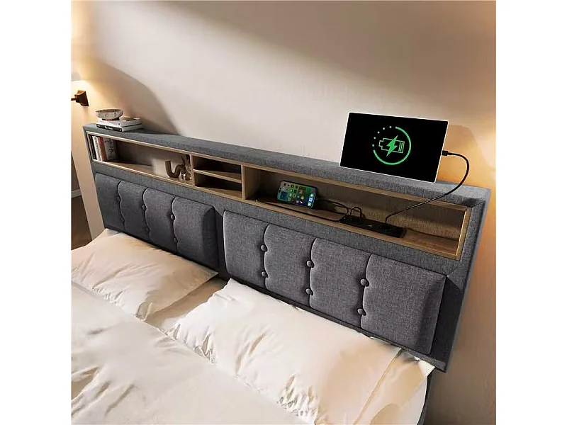 Lit coffre adulte 160x200cm avec USB,Type-C et 2 prises, tissu en lin gris, tête de lit réglable, avec matelas