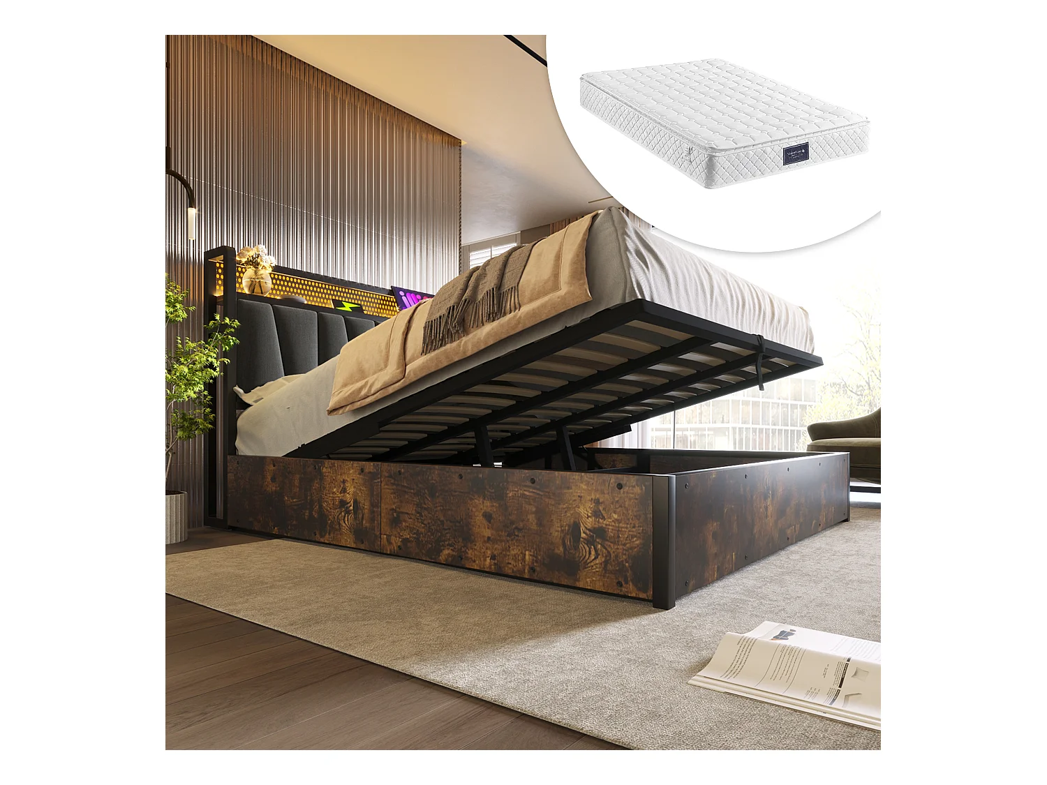 Lit coffre adulte 140x200cm avec LED et USB, prise secteur, tête de lit en lin gris, sans fond, avec matelas