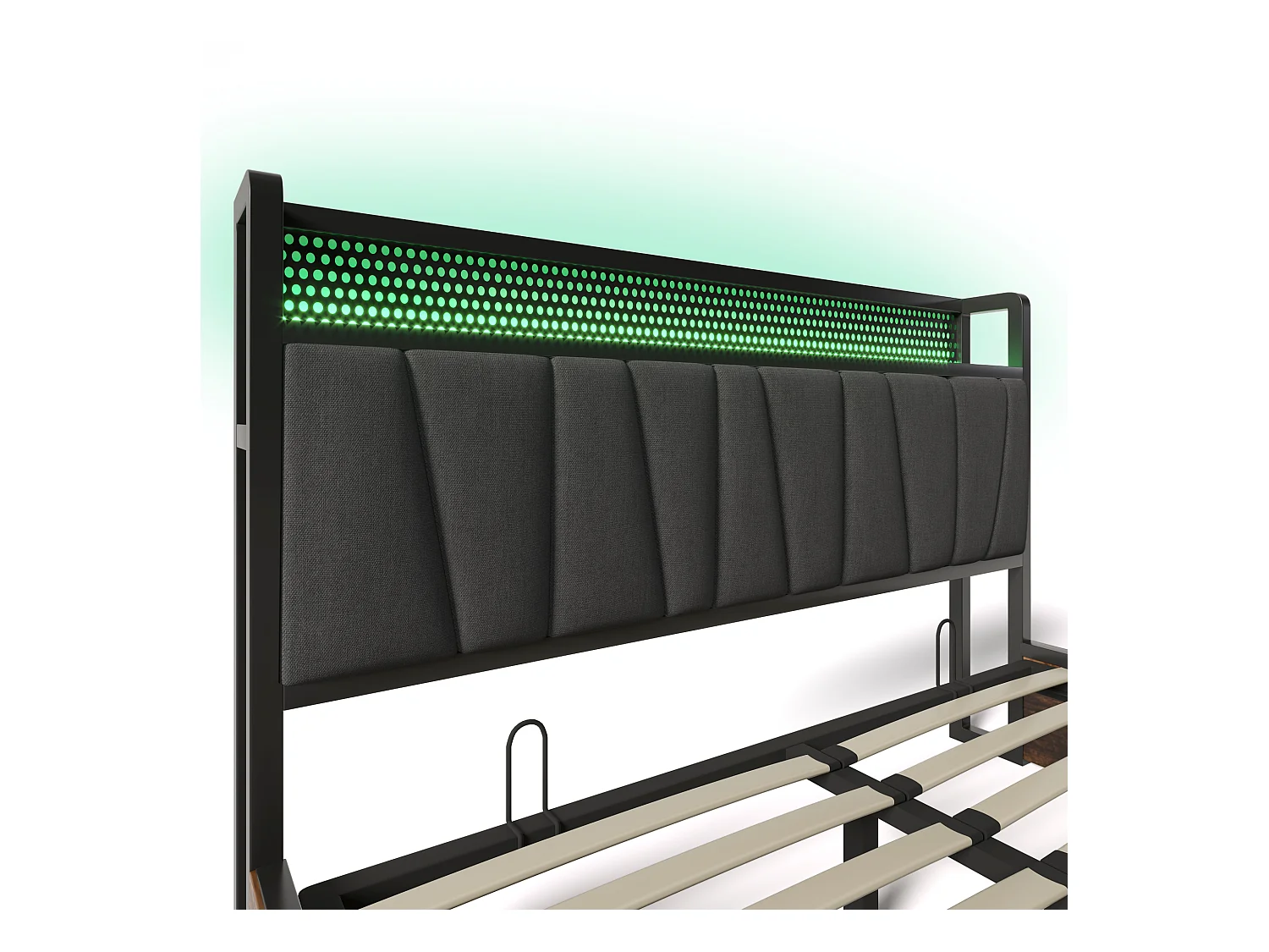 Lit coffre adulte 140x200cm avec LED et USB, prise secteur, tête de lit en lin gris, sans fond, avec matelas